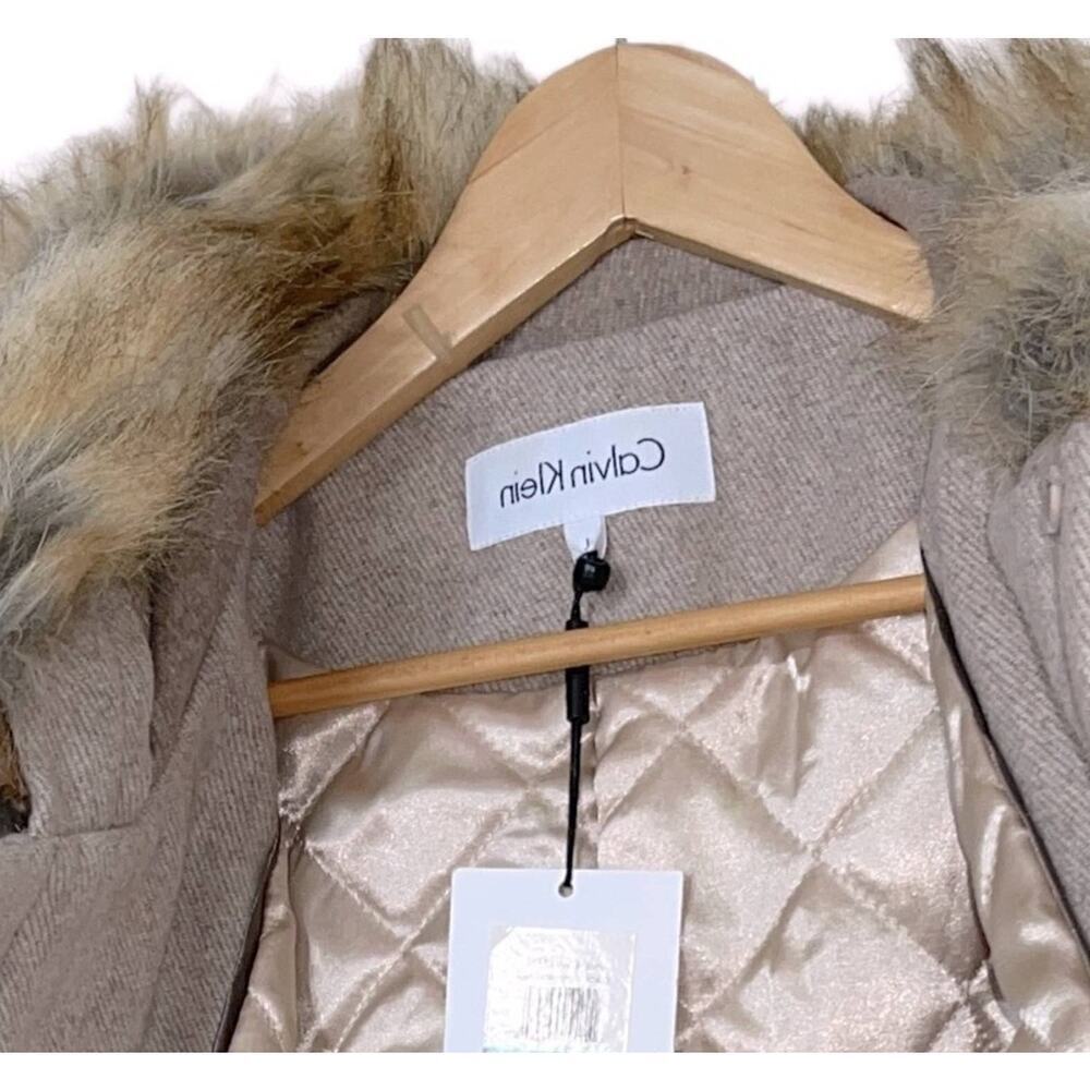 Calvin Klein NWT Tan Herringbone Wool Coat Faux Fur Hood Size L - Picture 6 of 11